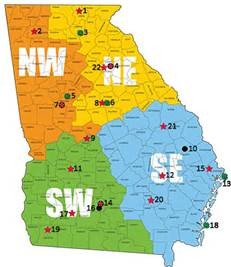 Map of Georgia colored with four sections splitting the state into four roughly even districts, labeled NW, NE, SW, and SE