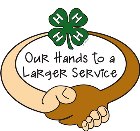 4-H logo with hands shaking below it and text reading 'our hands to larger service'