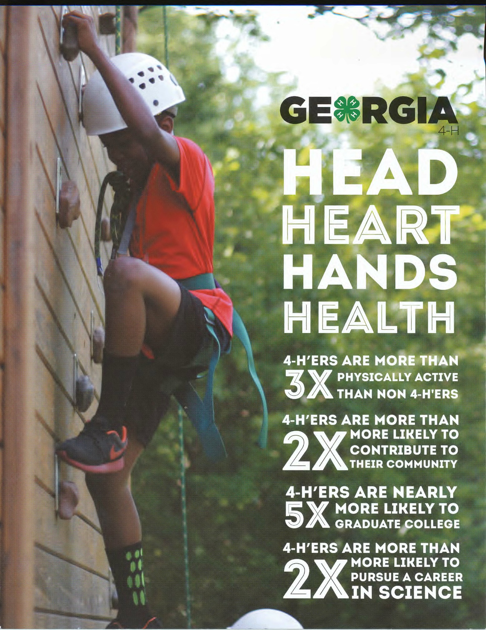 Poster of a 4-H'er rock climbing beside text reading Georgia, Head, Heart, Hands, Health.