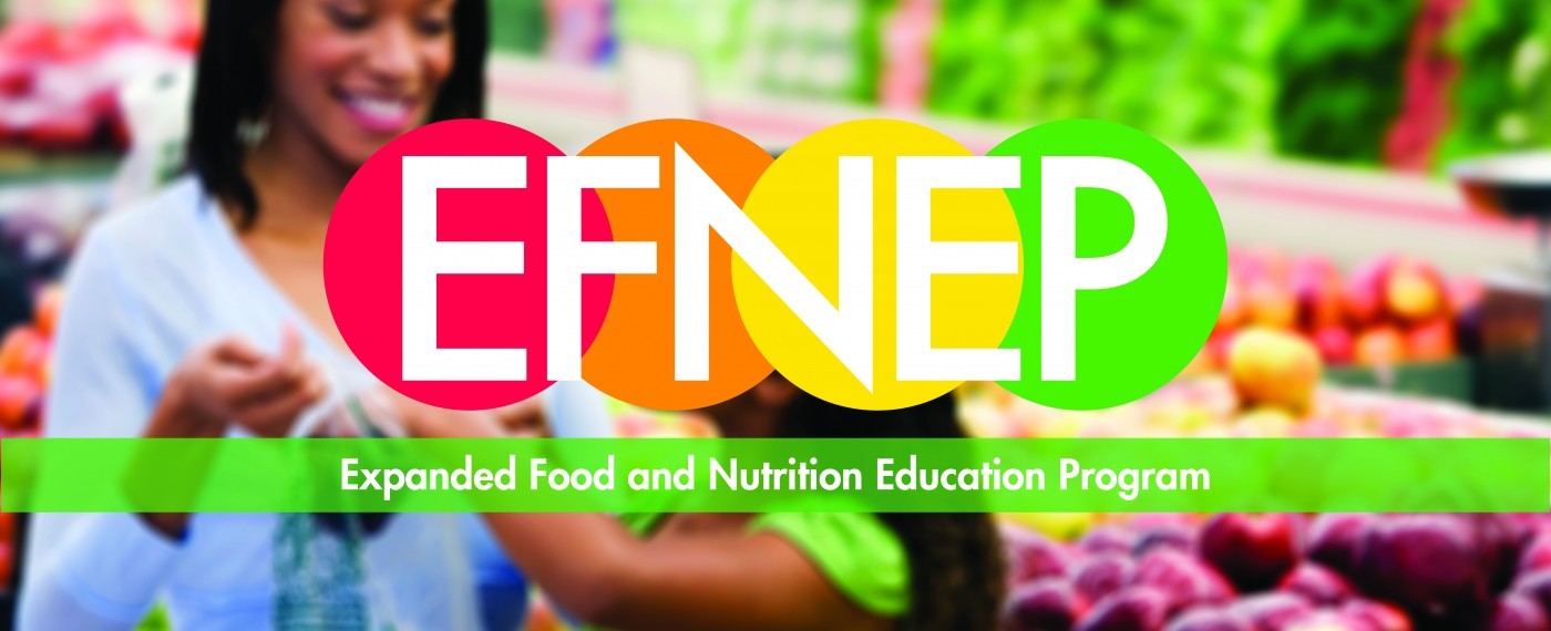 EFNEP program logo over an image of a woman and child in a grocery store