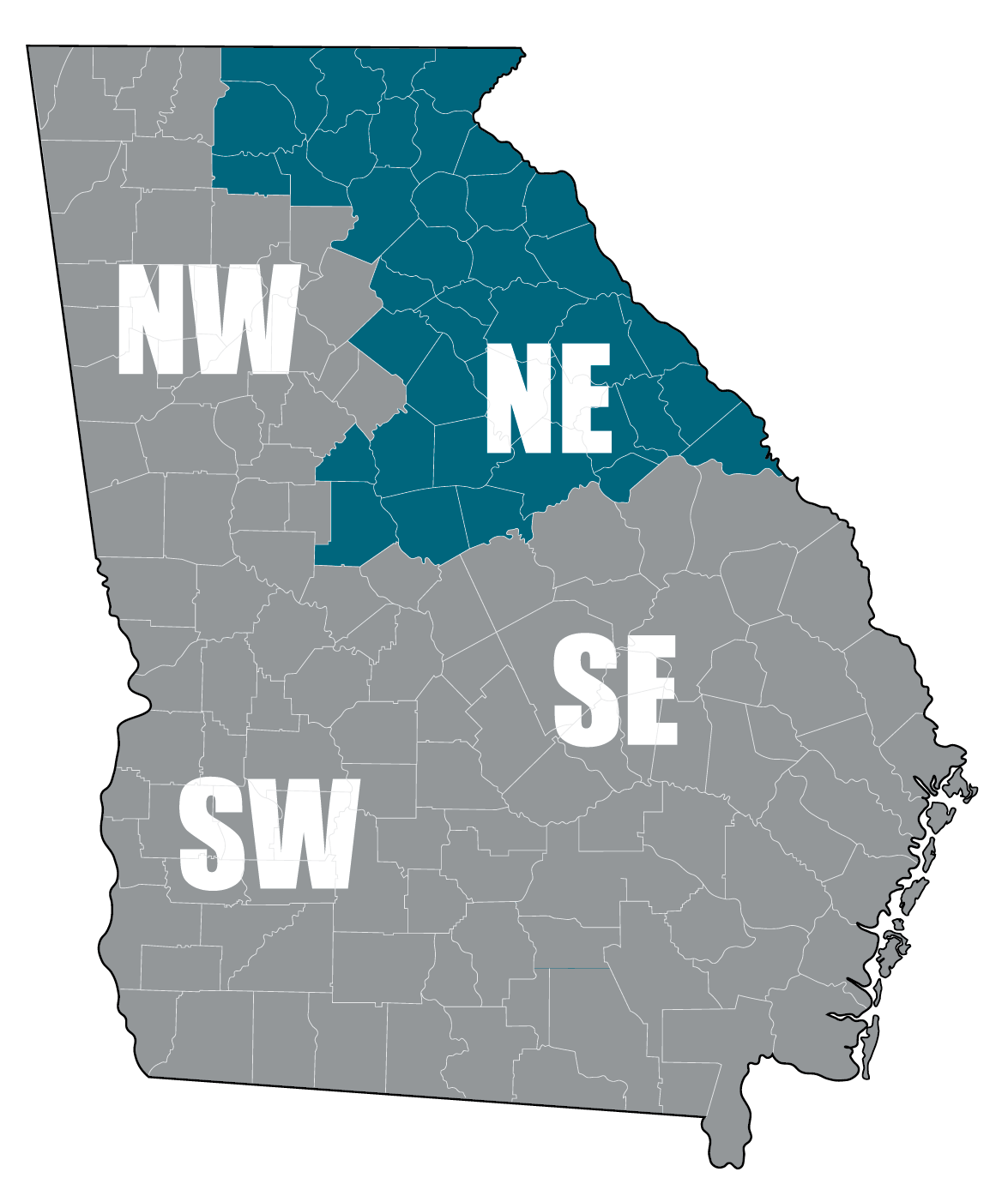 map of Georgia showing the counties in the top right of the state grouped into a district